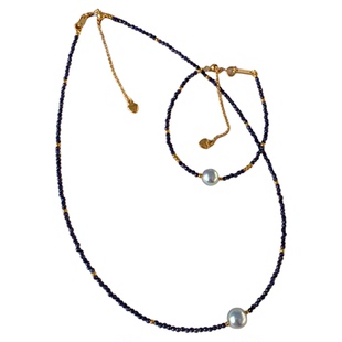 梵高星空！珍珠项链Akoya极光真多麻刻面超闪天然蓝砂石钛钢扣头