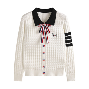 蝴蝶结领结小狗刺绣polo领套头tb针织衫女秋季修身麻花打底衫毛衣