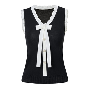 【2件8折】MAXRIENY赫本风v领蝴蝶结马甲针织衫背心针织上衣