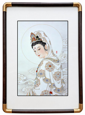 四九艺社 景德镇白衣观云图瓷板画茶室书房新中式禅意人物装饰画