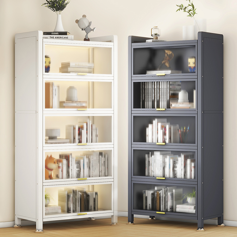 钢制书架置物架落地儿童带柜门家用客厅收纳储物柜防尘铁艺展示柜