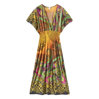 波西米亚复古风V领度假风连衣裙