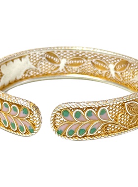 燕归叶春蝶国风珐琅彩足银手镯女