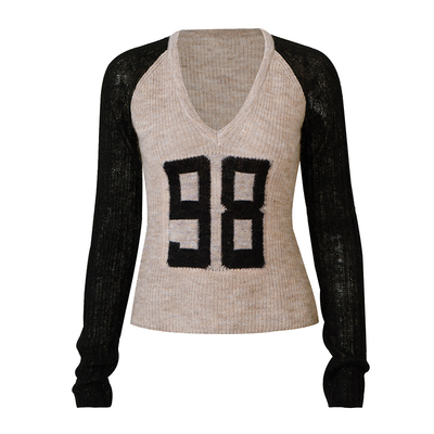 call it a day杏黑撞色深V插肩袖微透修身针织衫女数字提花毛衣春