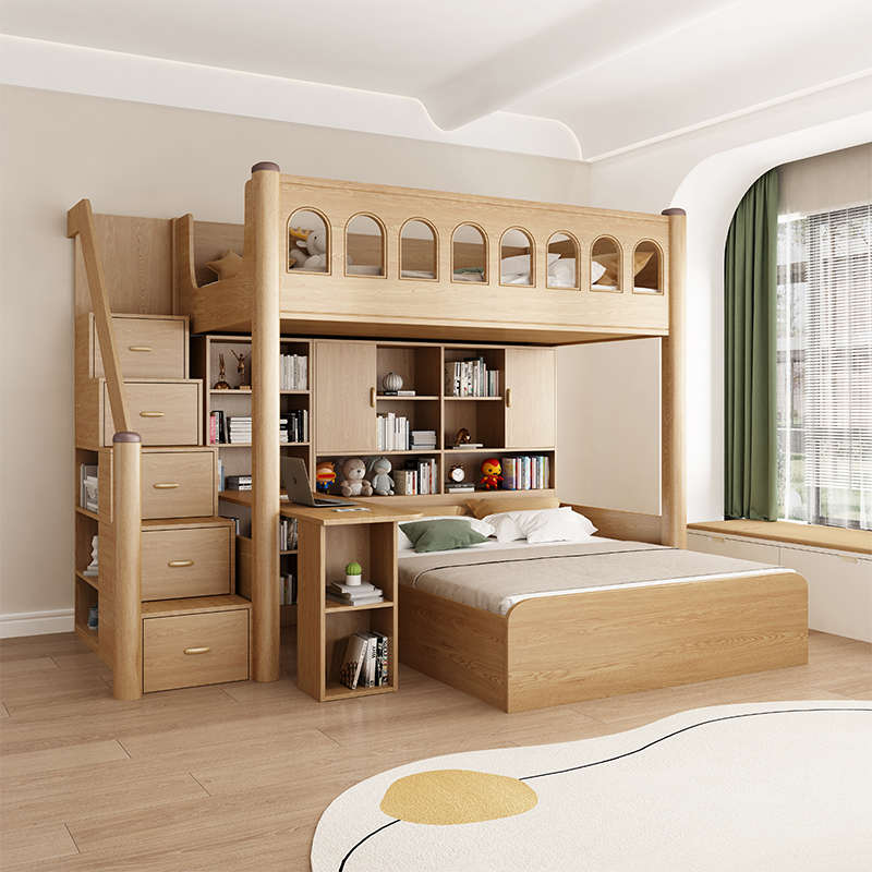 实木高低床安全栏板设计橡胶木框架结构儿童书桌衣柜多功能子母床