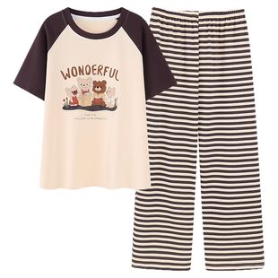 浪莎睡衣女款夏季纯棉短袖长裤薄款全棉卡通大码可外穿家居服套装