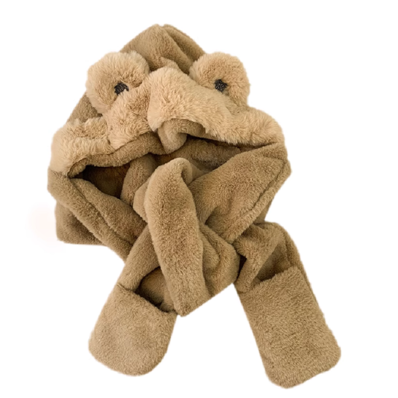 小熊帽子秋冬女围巾手套一体连帽冬季围脖可爱保暖毛绒三件套百搭