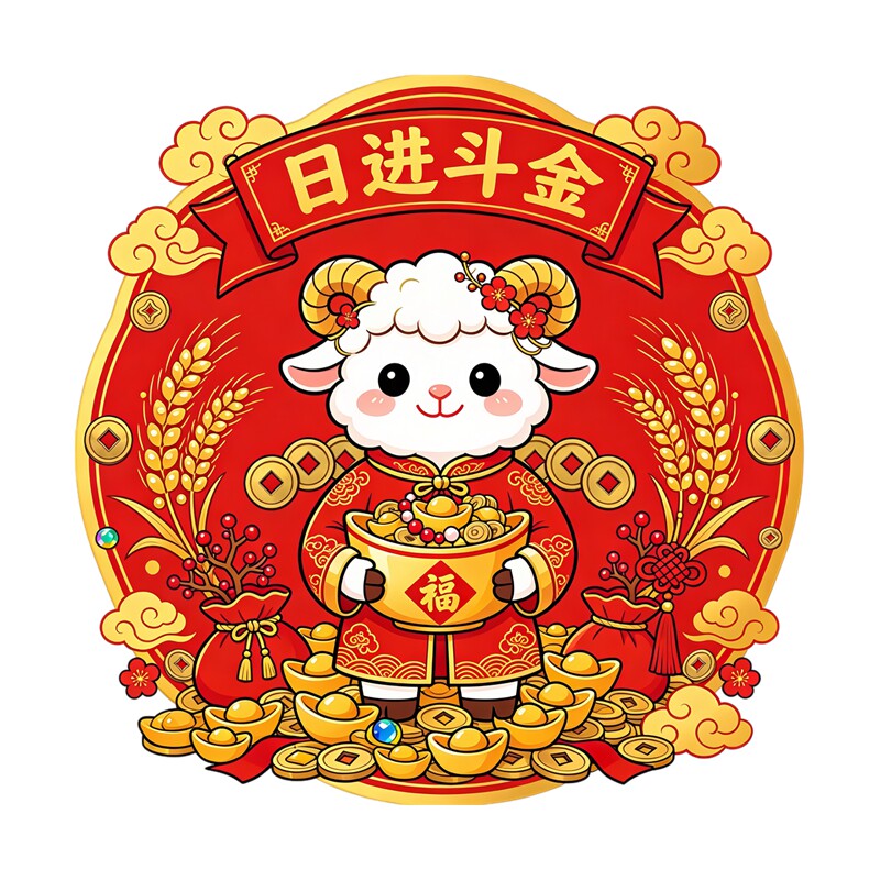 羊年日进斗金墙贴贴纸萌小羊抱金元宝麦穗福袋春节喜庆自粘装饰贴