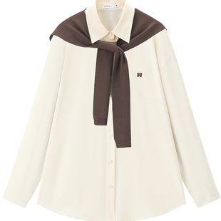 乐町元气奶黄色浅春系长袖衬衫女2026年春季新款宽松搭配披肩上衣