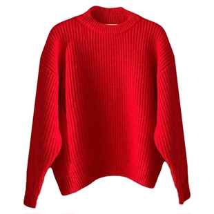 秒发！慵懒百搭套头毛衣韩国OUNCE冬季显白红色圆领羊毛针织衫女