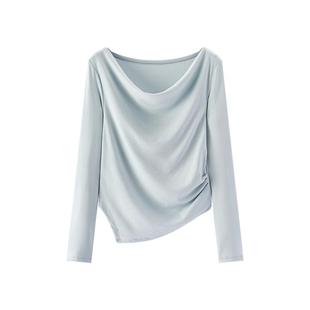 森马长袖T恤女短款不规则设计感修身显瘦2025新款秋荡领薄款上衣