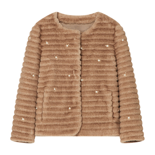 Goodland美地女装圆领镶珠环保仿皮草毛毛外套短款