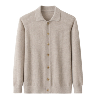 100山羊绒搓板针男开衫外套~小翻领双股简约高端针织毛衣商务休闲