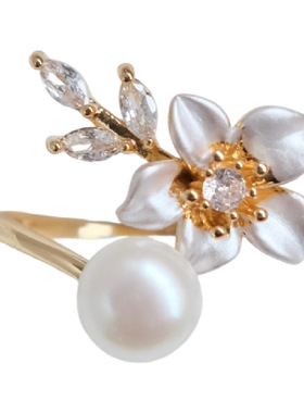 《点春枝》春夏轻奢精致天然淡水珍珠花朵戒指气质指环开口可调节