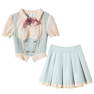 织物猪 盐霜薄荷 甜美学院风套装女夏季制服粉色蝴蝶结百褶短裙