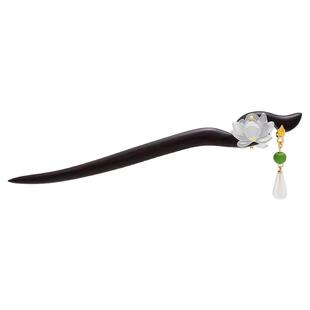 古风双面莲花流苏檀木发簪女简约国风日常步摇发钗高级感盘发簪子