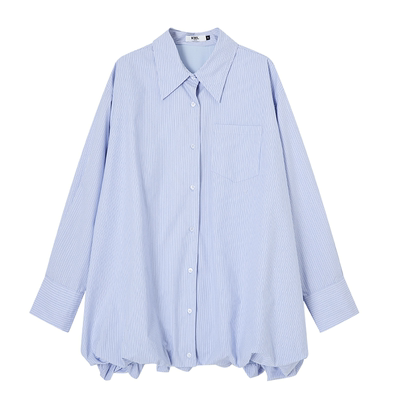 KWL女装长袖衬衫蓝色条纹花苞翻领排扣宽松休闲简约百搭通勤上衣