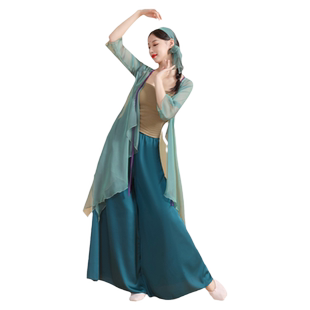 古典舞表演服女飘逸青蛇装舞蹈演出服装中国风青绿色纱衣练功服
