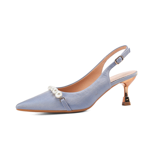雾霾蓝缎面后空单鞋女珍珠婚鞋伴娘鞋细跟女鞋夏季高跟鞋包头凉鞋