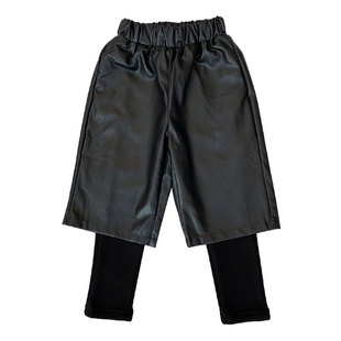 女童秋冬裤子2025新款加绒假两件长裤男童中大童宝宝炸街皮裤阔腿