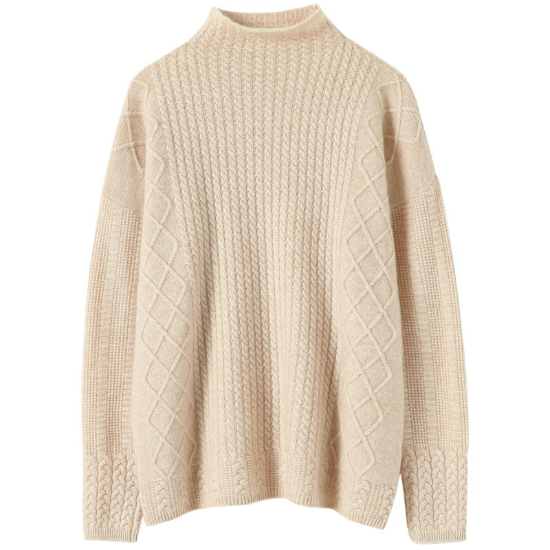 美到窒息！新款半高领羊绒衫女纯羊绒毛衣女宽松绞花加厚慵懒风