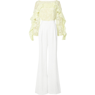 2026春季新款百搭一字肩荷叶边长袖宽松上衣+高腰长款阔腿裤套装