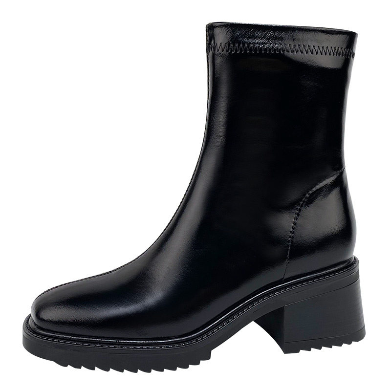 秋冬真皮低筒靴粗跟百搭靴子