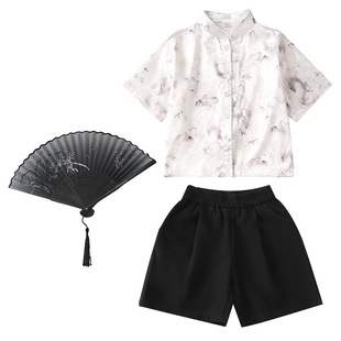 男童新中式唐装红色马甲春夏国风套装小男孩汉服主持摄影演出礼服