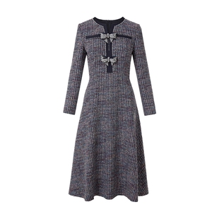 朗姿集团LIME莱茵流光粗花呢彩虹纱亮钻连衣裙月夜深蓝收腰25冬新