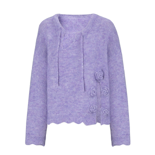 三与十三|紫雾花房|韩系慵懒设计感立体花朵针织套头毛衣