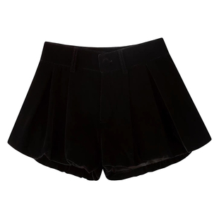 VIVICATHY2025秋冬甜美蓬蓬丝绒南瓜短裤女高腰显瘦a字花苞裤黑