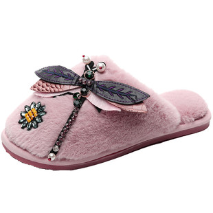 海清同款小别离 小欢喜现货高端定制花朵超闪水钻毛绒保暖棉拖鞋