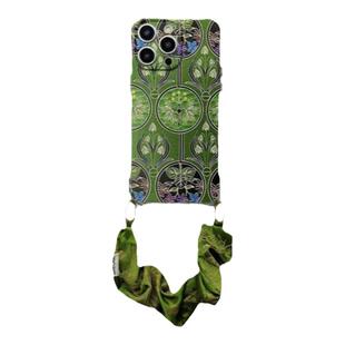 高级绿底花图腾手机壳15promax手腕女适用华为苹果iPhone14Pro/12/13pro/11挂绳斜挎可背四孔新款mate60pro