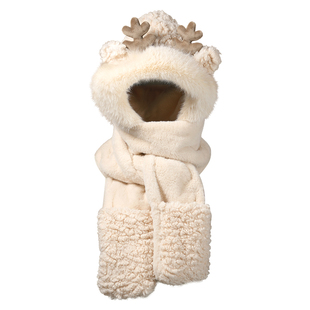 帽子女冬保暖可爱围脖毛绒帽圣诞小鹿手套围巾一体三件套百搭冬季