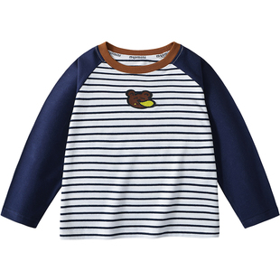 MQDmini儿童长袖T恤2025秋季新款男童条纹打底衫宝宝圆领透气上衣