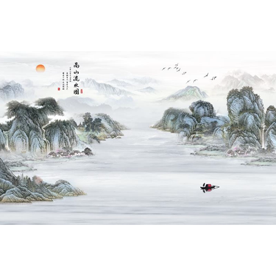 新中式山水沙发背景墙壁画3D墙布