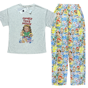 缤安娜家居服睡衣夏季女款2025新款短袖油画薄款纯棉长裤夏款套装