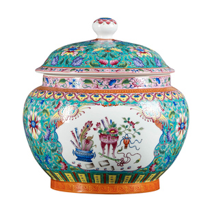 景德镇陶瓷花瓶珐琅彩将军罐摆件客厅茶叶罐带盖储物罐家用装饰品