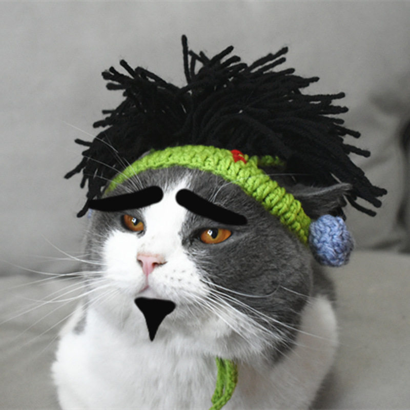 猫咪针织摇滚假发头套朋克风狗狗绿帽子拍照搞笑宠物搞怪头饰配饰