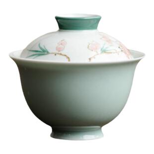 泥人述 豆青手绘桃花元宝盖碗 釉下彩盖子手作花卉泡茶碗文人茶器