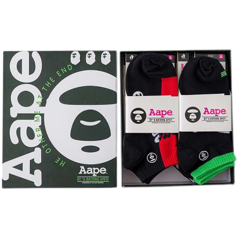 Aape6双装潮牌男袜夏季猿人头短袜字母纯棉印花刺绣徽章潮流袜子