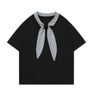 胖mm大码女装学院风黑色短袖t恤女夏季新款波点领带宽松减龄上衣