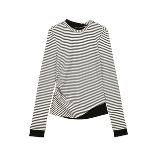 BLANKLABEL240g弹力棉氨坑条假两件开叉长袖T恤女2025条纹上衣
