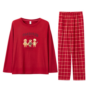 达尔丽红色圆领情侣睡衣女春秋季纯棉长袖印花新婚本命年家居服男