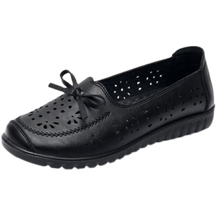 夏季妈妈鞋凉鞋镂空皮鞋舒适中老年软底鞋女鞋老人洞洞鞋平底单鞋