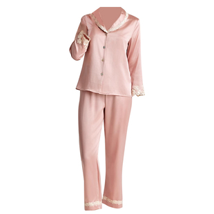 真丝睡衣女LP长袖长裤二件套100%桑蚕丝高级蕾丝花边休闲家居服秋