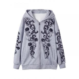 宝诗黎连帽亮片加绒短卫衣外套2026早春洋气休闲百搭宽松加厚女装