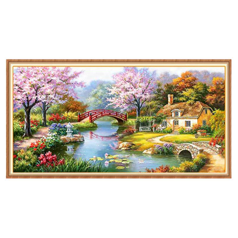 河边小屋樱花十字绣新款梦幻家园