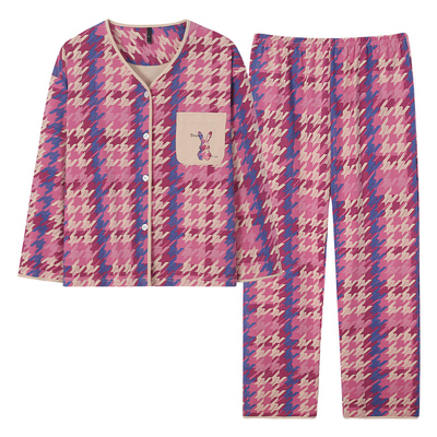 春秋季女款带胸垫千鸟格长袖纯棉