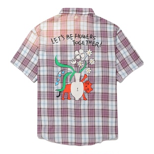 古由卡GUUKA潮牌短袖红格子衬衫女夏 搞怪猫咪情侣装日系衬衣宽松